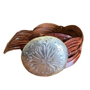 VTG Belt Wide Braided Leather Brown Star Stamped Metal Buckle Boho Western 40”